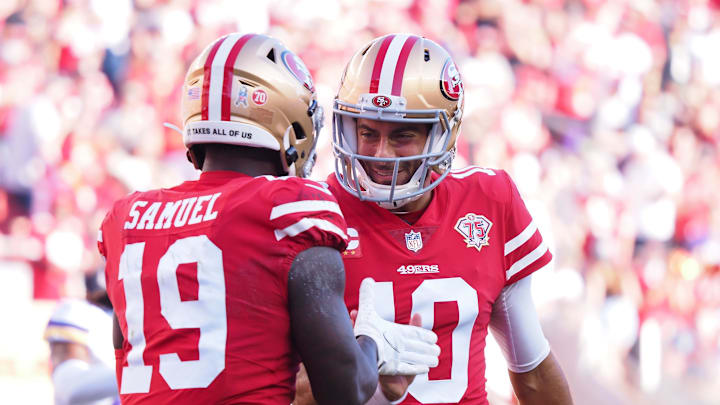 San Francisco 49ers wide receiver Deebo Samuel (19) with quarterback Jimmy Garoppolo (10)