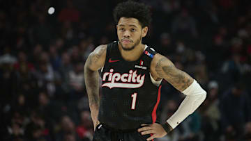 Jan 11, 2025; Portland, Oregon, USA; Portland Trail Blazers guard Anfernee Simons (1) waits for the ball during a break in the game during the first half against the Miami Heat at Moda Center. Mandatory Credit: Troy Wayrynen-Imagn Images