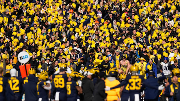 Nov 25, 2023; Ann Arbor, Michigan, USA; Michigan Wolverines football fans cheer during game against the Ohio State Buckeyes.