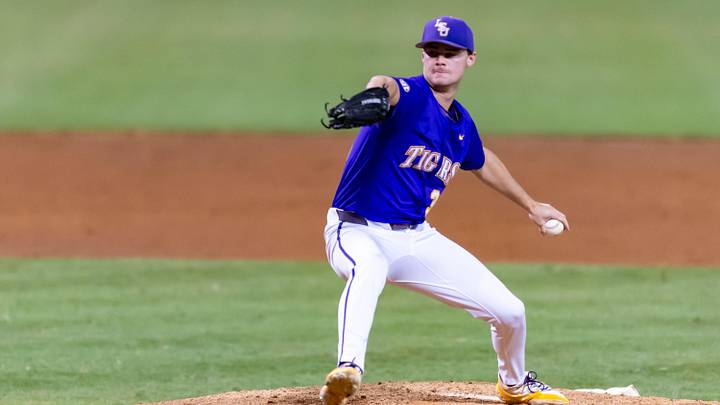 Tigers pitcher Kade Anderson 32 on the mound as The LSU Tigers take Dallas Baptist in the 2025 NCAA Div 1 Regional Baseball Championship at Alex Box Stadium in Baton Rouge, LA. Saturday, May 31, 2025.