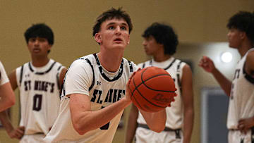 St. Michael's guard Bo Ogden (5) shoots a free throw during the game against LASA at St. Michael's Athletic Center.