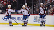 Dec 8, 2024; Newark, New Jersey, USA; Colorado Avalanche left wing Artturi Lehkonen (62) celebrates his goal against the New Jersey Devils during the second period at Prudential Center. Mandatory Credit: Ed Mulholland-Imagn Images