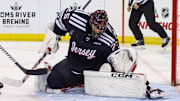 Nov 27, 2024; Newark, New Jersey, USA; New Jersey Devils goaltender Jacob Markstrom (25) makes a save against the St. Louis Blues during the third period at Prudential Center. Mandatory Credit: Ed Mulholland-Imagn Images