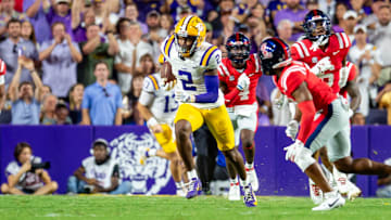 Kyren Lacy 2 runs the ball as the LSU Tigers take on the Ole Miss Rebels at Tiger Stadium in Baton Rouge, LA. Saturday, Oct. 12, 2024.