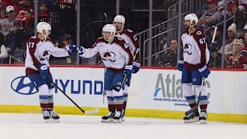 Dec 8, 2024; Newark, New Jersey, USA; Colorado Avalanche left wing Artturi Lehkonen (62) celebrates his goal against the New Jersey Devils during the second period at Prudential Center. Mandatory Credit: Ed Mulholland-Imagn Images