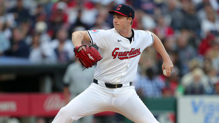 Cleveland Guardians pitcher Tim Herrin (29) throws during the Cleveland Guardians' home opener against the Chicago White Sox, Monday, April 8, 2024, in Cleveland, Ohio.