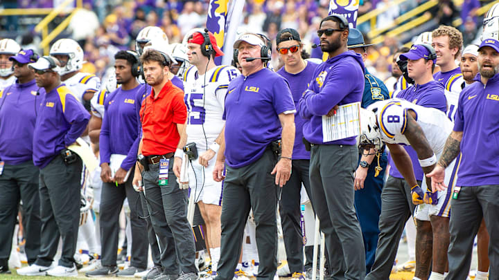 Tigers Head Coach Brian Kelly as the LSU Tigers take on Texas A&M in Tiger Stadium in Baton Rouge, Louisiana, November 25, 2023.