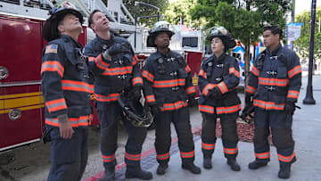 9-1-1 LONE STAR: L-R: Rob Lowe, Jim Parrack, Brian Michael Smith, Natacha Karam, and Julian Works in the "My Way" episode of 9-1-1 LONE STAR airing Monday, Oct 14 (8:00-9:02 PM ET/PT) on FOX. © 2024 Fox Media LLC.CR: Kevin Estrada/FOX.