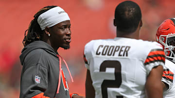 Cleveland Browns wide receiver Jerry Jeudy (3) chats with Cleveland Browns wide receiver Amari Cooper (2).