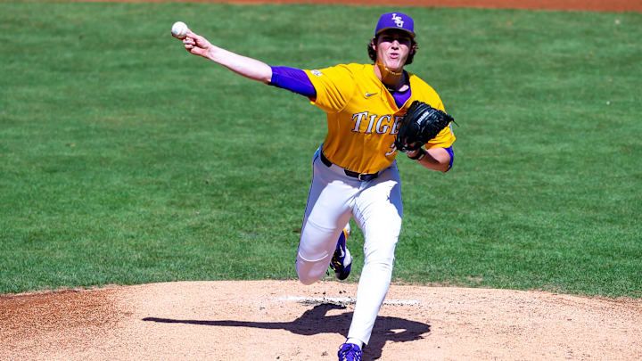 Tigers starting pitcher #34 Chase Shores on the mound as The LSU Tigers take on Central Connecticut State at Alex Box Stadium in Baton Rouge, La. Sunday, March 5, 2023.

Lsu Vs Central Connecticut Baseball 5500