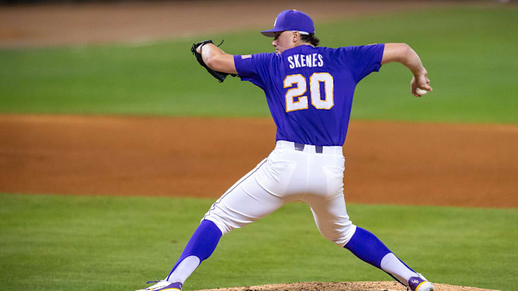 Starting pitcher for the tigers Paul Skenes on the mound as the LSU Tigers take on the Tennessee Volunteers.