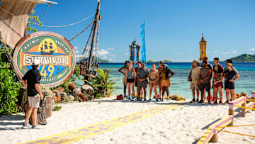 “Go Kick Rocks, Bro” – An unexpected shakeup shifts the castaways’ game trajectories in an all-new direction. Teammates must rely on one another to succeed in a grueling immunity and reward challenge. Then, a wild goose chase unfolds to reinstate one castaway’s vote after the discovery of a beware advantage, on SURVIVOR, Wednesday, Oct. 15. Pictured (L-R): Jeff Probst, Michelle “MC” Chukwujekwu, Shannon Fairweather, Steven Ramm, Alex Moore, Sophie Segreti, Sage Ahrens-Nichols, Kristina Mills,