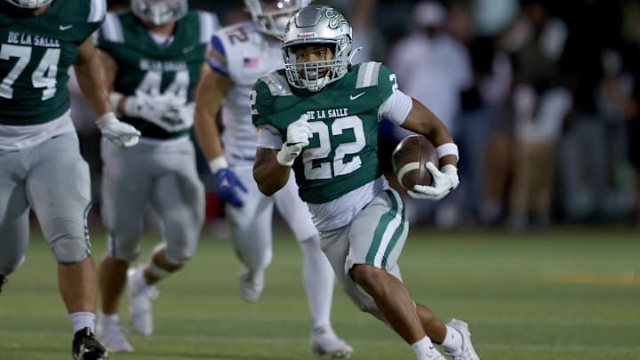 Derrick Blanche Jr. (22) finished with 12 carries, 182 yards rushing, including a 62-yard touchdown jaunt to finish off the scoring. De La Salle finished with 332 yards rushing and 408 overall in a 39-10 win over Serra on Sept. 6, 2024. 