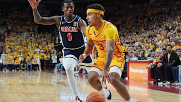 Iowa State Cyclones guard Tamin Lipsey (3) drives with the ball around Arizona Wildcats guard Jaden Bradley (0) during the first half in the Big-12 men’s basketball showdown at Hilton Coliseum on Saturday March 1, 2025 in Ames, Iowa.