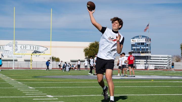 Perry High School's Diesel Taylor throws at the Elev8 Quarterback Academy winter camp at Higley High School on Jan. 6, 2024, in Gilbert.