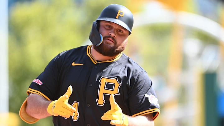 Pittsburgh Pirates first baseman Rowdy Tellez (44) celebrates after hitting a pinch-hit home run against the Washington Nationals during the seventh inning at PNC Park. The Nationals won the first game of a doubleheader 5-3. Pittsburgh Pirates first baseman Rowdy Tellez (44) celebrates after hitting a pinch-hit home run against the Washington Nationals during the seventh inning at PNC Park. The Nationals won the first game of a doubleheader 5-3.