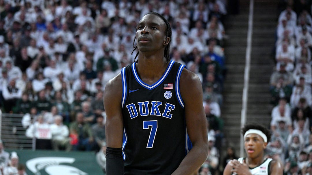 Dec 6, 2025; East Lansing, Michigan, USA;  Duke basketball guard Dame Sarr (7) during the first half against the Michigan State Spartans at Jack Breslin Student Events Center.