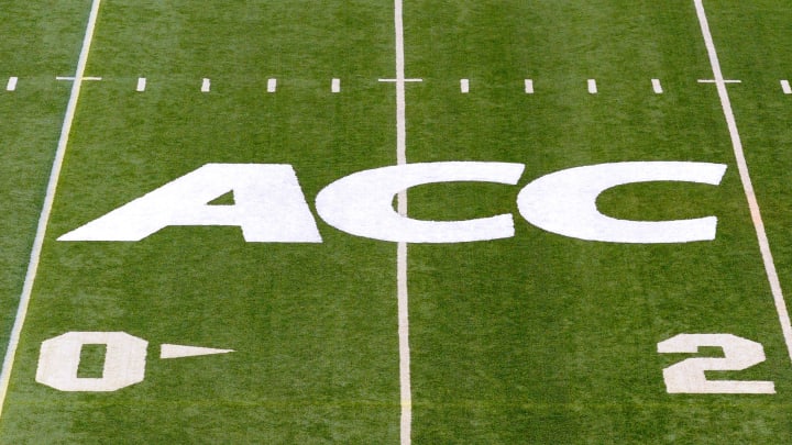 Sep 14, 2013; Syracuse, NY, USA; General view of the Atlantic Coast Conference logo on the field.