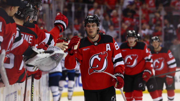 Mar 21, 2024; Newark, New Jersey, USA; New Jersey Devils center Jack Hughes (86) celebrates his goal against the Winnipeg Jets during the third period at Prudential Center. Mandatory Credit: Ed Mulholland-USA TODAY Sports