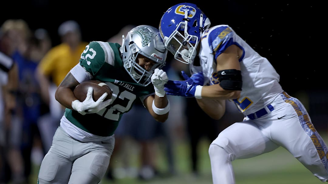 At 5-foot-7, 165 pounds, De La Sallee senior Derek Blanche Jr. (22) doesn't back down from anyone. He rushed for 182 yards on 12 carries and a touchdown in Friday's 39-10 win over Serra at Owen Owens Field on Sept. 6, 2024. 