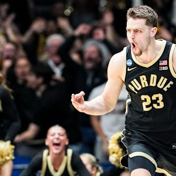 Purdue Boilermakers forward Camden Heide (23) celebrates a 3-pointer in the last seconds of the game Saturday, March 29, 2025, during the NCAA Tournament Sweet 16 game at Lucas Oil Stadium in Indianapolis.