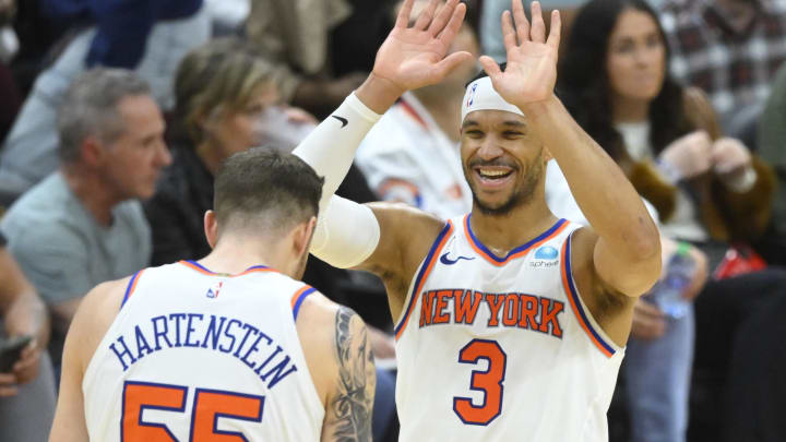 Mar 3, 2024; Cleveland, Ohio, USA; New York Knicks guard Josh Hart (3) and center Isaiah Hartenstein (55) celebrate a win over the Cleveland Cavaliers at Rocket Mortgage FieldHouse. Mandatory Credit: David Richard-USA TODAY Sports