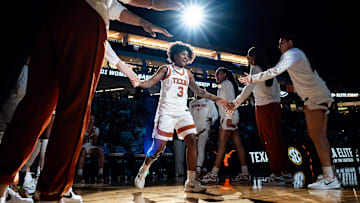 Texas Longhorns guard Rori Harmon (3) is announced in the starting lineup ahead of Texas' NCAA Playoff Regional final game against the TCU Horned Frogs on March 31, 2025.