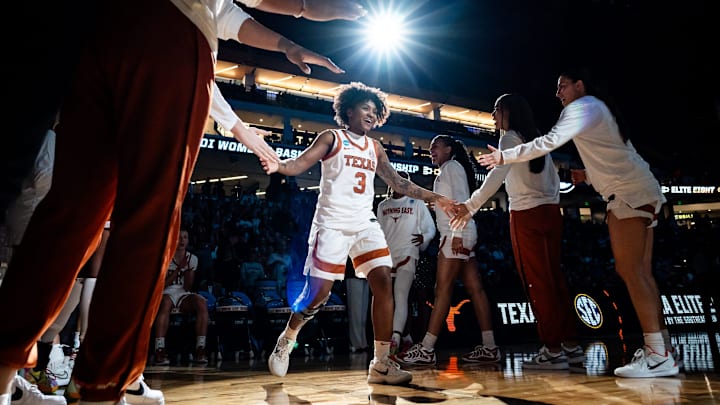 Texas Longhorns guard Rori Harmon (3) is announced in the starting lineup ahead of Texas' NCAA Playoff Regional final game against the TCU Horned Frogs on March 31, 2025.