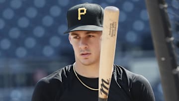 Aug 2, 2024; Pittsburgh, Pennsylvania, USA;  Pittsburgh Pirates shortstop Konnor Griffin who was the ninth overall pick in first round of the 2024 First-Year Player Draft at the batting cage before a game against the Arizona Diamondbacks at PNC Park. Mandatory Credit: Charles LeClaire-Imagn Images