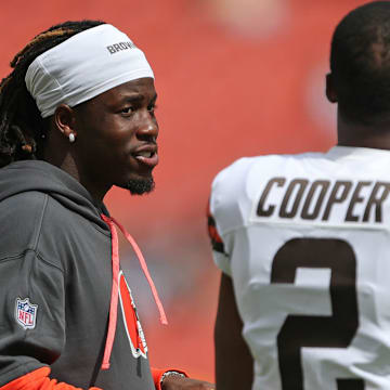 Cleveland Browns wide receiver Jerry Jeudy (3) chats with Cleveland Browns wide receiver Amari Cooper (2) before an NFL preseason football game at Cleveland Browns Stadium, Saturday, Aug. 10, 2024, in Cleveland, Ohio.