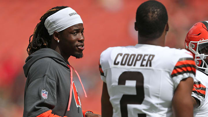 Cleveland Browns wide receiver Jerry Jeudy (3) chats with Cleveland Browns wide receiver Amari Cooper (2) before an NFL preseason football game at Cleveland Browns Stadium, Saturday, Aug. 10, 2024, in Cleveland, Ohio.