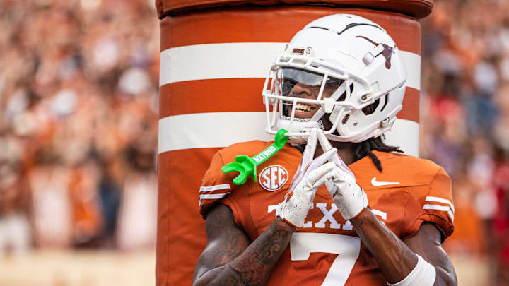 Texas Longhorns wide receiver Isaiah Bond (7) celebrates after scoring Texas' first touchdown of the game during the first quarter of the Longhorns' game against the UTSA Roadrunners at Darrell K RoyalÐTexas Memorial Stadium, Saturday, Sept. 14, 2024.