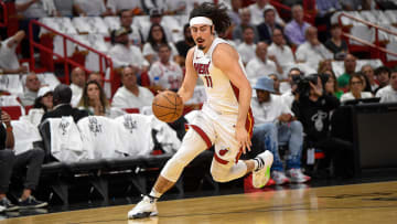 Apr 29, 2024; Miami, Florida, USA; Miami Heat guard Jaime Jaquez Jr. (11) dribbles the ball during the first quarter of game four of the first round for the 2024 NBA playoffs at Kaseya Center. Mandatory Credit: Michael Laughlin-USA TODAY Sports