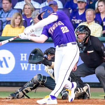 Jared Jones 22 at the plate as the LSU Tigers take on the Vanderbilt Commodores at Alex Box Stadium