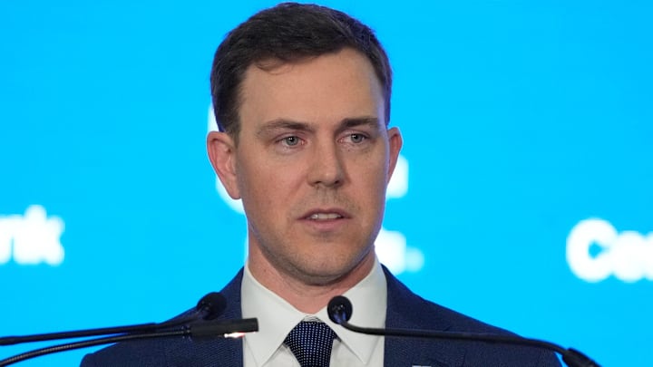 New Kentucky Wildcat head coach Will Stein makes remarks as he is introduced at Kentucky on Wednesday, December 3, 2025