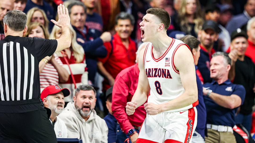 Jan 21, 2026; Tucson, Arizona, USA; Arizona Wildcats forward Ivan Kharchenkov (8) celebrates during the second half of the game against the Cincinnati Bearcats at McKale Memorial Center.
