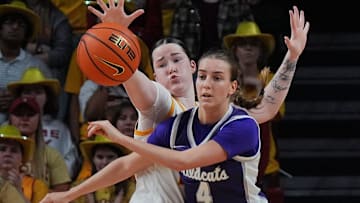 Iowa State Cyclones' forward Addy Brown (24) defends as Kansas State Wildcats guard Serena Sundell (4) passes the ball during the fourth quarter in the Big-12 women’s basketball at Hilton Coliseum on Sunday, March 2, 2025, in Ames, Iowa.