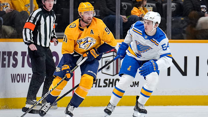 Young Blues forward Dalibor Dvorsky against veteran Nashville forward Steven Stamkos