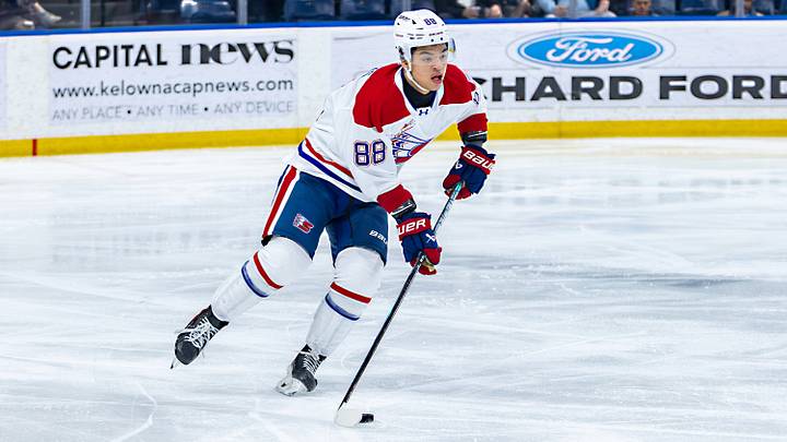 KELOWNA, BRITISH COLUMBIA - MARCH 04: Tyus Sparks #88 of the Spokane Chiefs carries the puck against the Kelowna Rockets at Prospera Place on March 04, 2026 in Kelowna, British Columbia. (Photo by Steve Dunsmoor/Getty Images)