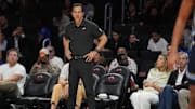 Oct 17, 2025; Miami, Florida, USA;  Miami Heat head coach Erik Spoelstra looks on during the second half against the Memphis Grizzlies at Kaseya Center. Mandatory Credit: Jim Rassol-Imagn Images
