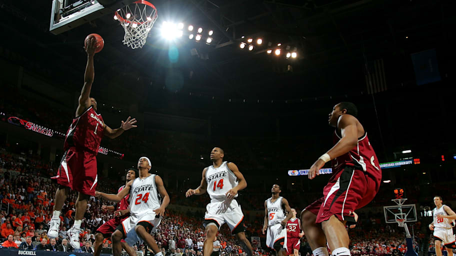 Darren Brooks of the Southern Illinois Salukis goes up for a layup in the first half against the Oklahoma State Cowboys.