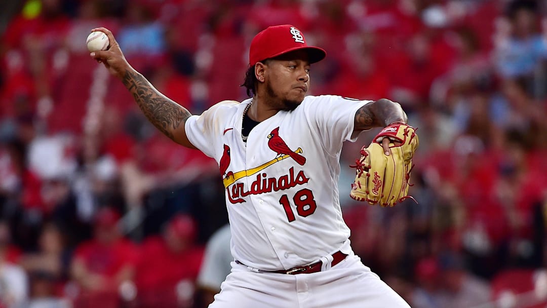 Jun 24, 2021; St. Louis, Missouri, USA;  St. Louis Cardinals starting pitcher Carlos Martinez (18) pitches during the first inning against the Pittsburgh Pirates at Busch Stadium. Mandatory Credit: Jeff Curry-Imagn Images