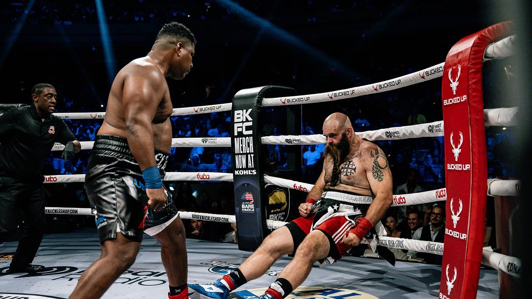 Leonardo Perdomo (left) knocks out Bear Hill (right) at BKFC 93