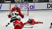 MSU's Mikey DeAngelo shoots against Ohio State goalkeeper Logan Terness, Saturday, March 22, 2025, during the first period of the Big 10 Hockey final at Munn Ice Arena. MSU won 4-3 in double overtime.