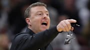 Vanderbilt Commodores head coach Mark Byington works the sideline during the first half of an NCAA Tournament First Round game at Rocket Arena on Friday, March 21, 2025, in Cleveland, Ohio.