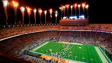 Fireworks go off at the conclusion of a NCAA football game between the Tennessee Volunteers and the Bowling Green Falcons held at Neyland Stadium in Knoxville, Tenn., on Thursday, Sept. 2, 2021.