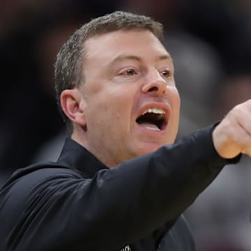 Vanderbilt Commodores head coach Mark Byington works the sideline during the first half of an NCAA Tournament First Round game at Rocket Arena on Friday, March 21, 2025, in Cleveland, Ohio.