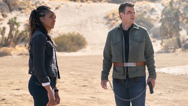 THE ROOKIE - “The Good, The Bad, And The Oscar” - John and Harper work together to catch Oscar; Angela investigates a bank robbery; Lucy and Tim learn to adapt to her new schedule, and Miles’ first date takes an unexpected turn. TUESDAY, MAY 13 (9:00-10:01 p.m. EDT) on ABC. (Disney/Mike Taing) 
MEKIA COX, NATHAN FILLION