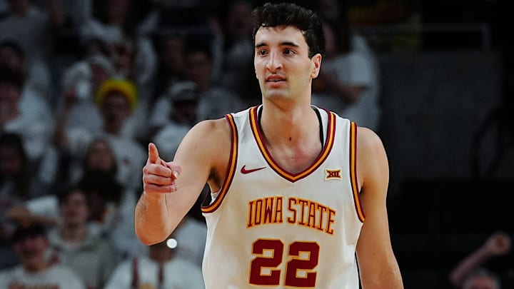 Iowa State Cyclones forward Milan Momcilovic (22) reacts after a three-point shot against Baylor during the first half in the Big-12 men’s basketball on Feb. 7, 2026, at Hilton Coliseum in Ames, Iowa
