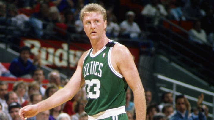 Jan 17, 1990; Orlando, FL, USA; FILE PHOTO; Boston Celtics forward Larry Bird (33) in action against the Orlando Magic at the Orlando Arena. Mandatory Credit: USA TODAY Sports
